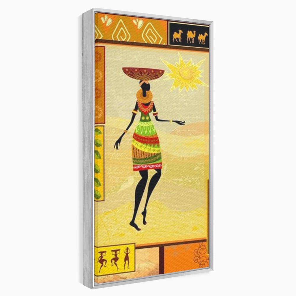 Tablou canvas cu tablou canvas cu silueta feminina african, in rama de aluminiu argintiu